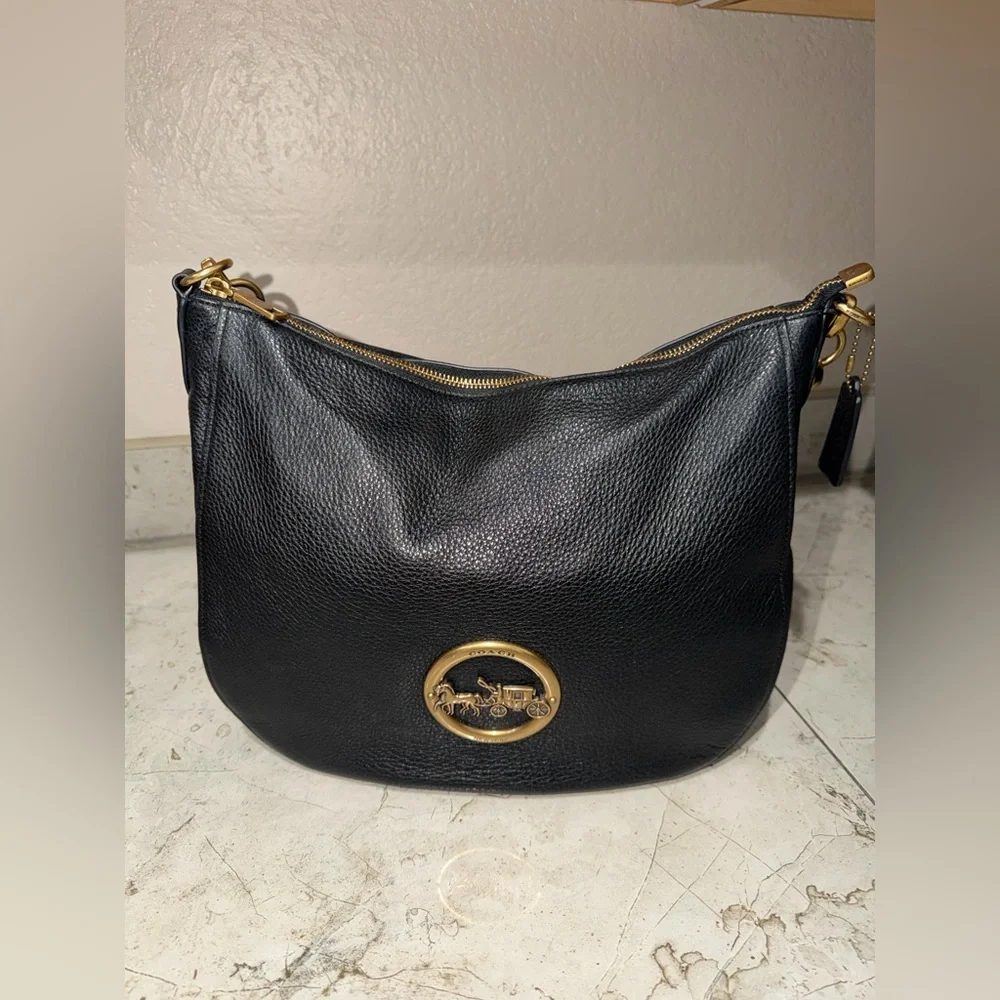 Coach Black Pebbled Leather Shoulder Hobo with Gold Logo